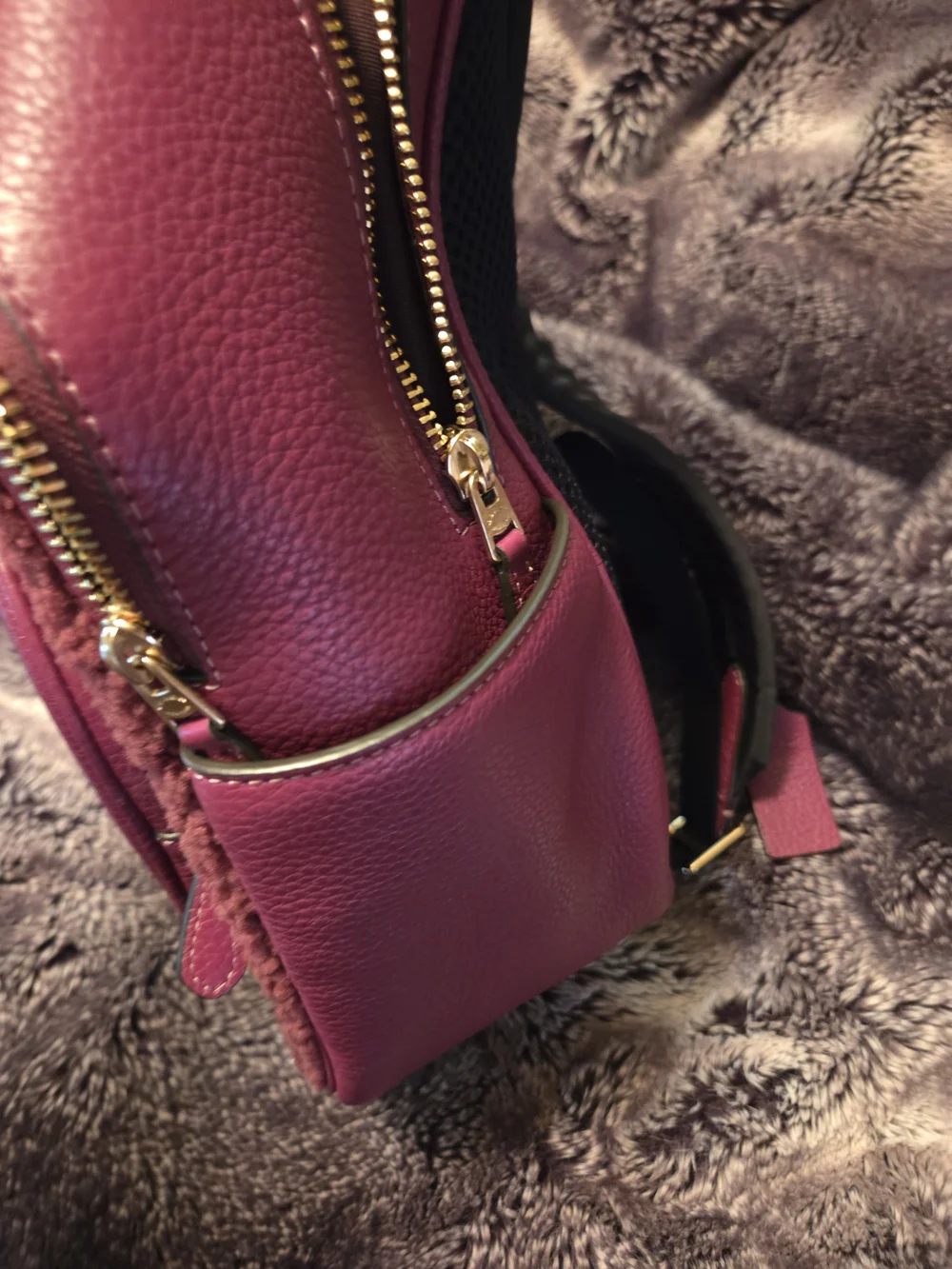 Coach Burgundy Pebbled Leather Front Backpack with Burgundy Sherpa